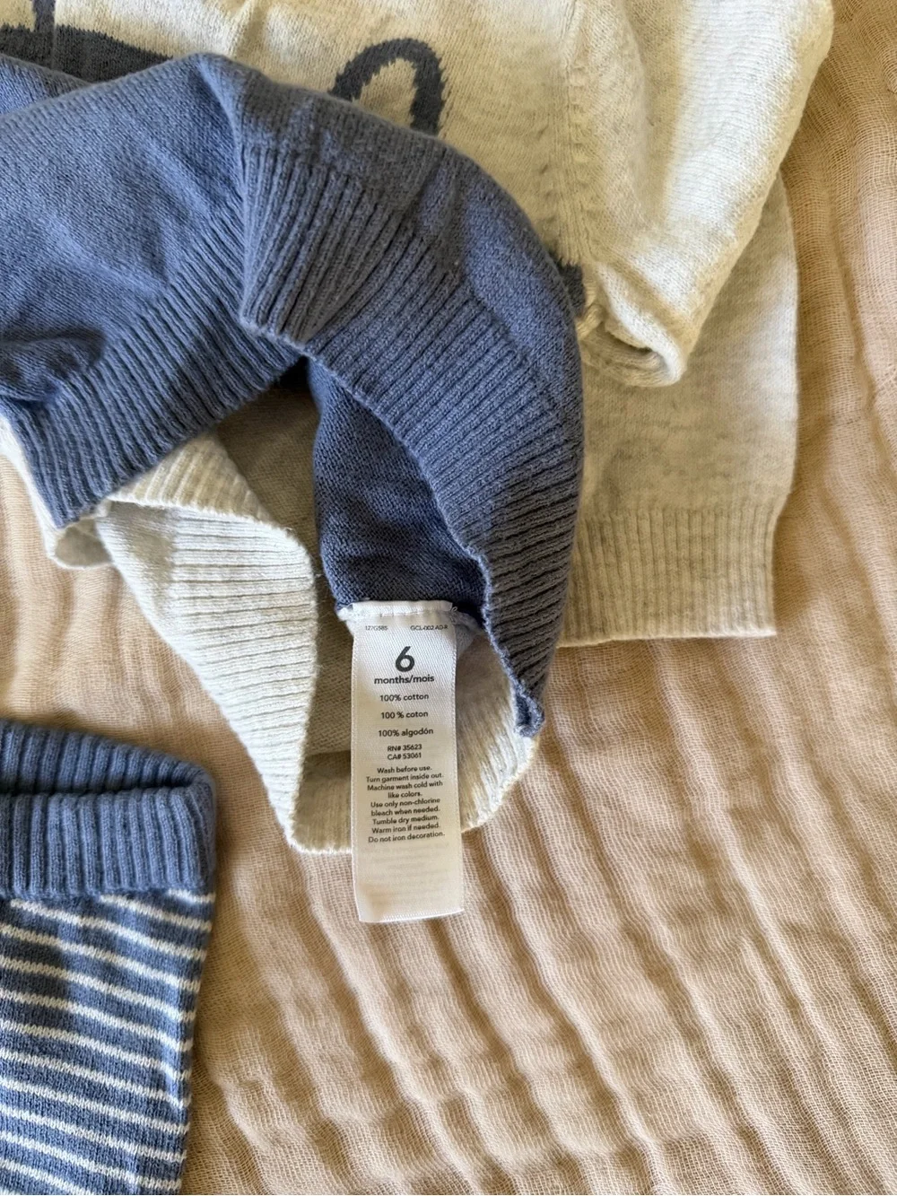 Carter's Blue and Cream Bear Knit Sweater with Striped Leggings 6M